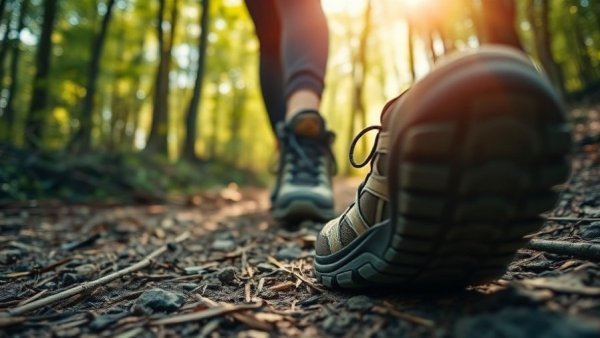 Hiking boots on forest path show Nordic walking health benefits.