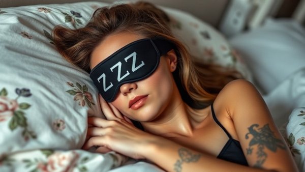 Woman asleep with eye mask in natural light, night light heart disease risk context.