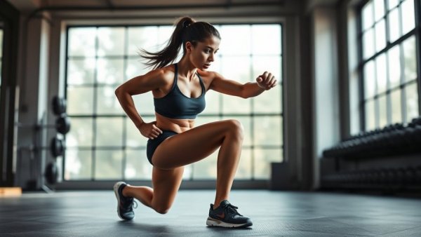 Athletic woman performing lunge exercise with weights indoors.