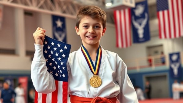 Karate champion with American flag and medal at a martial arts event.