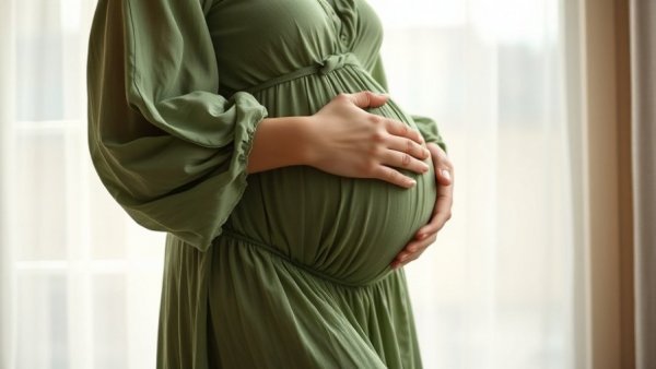 Pregnant woman in green dress, holding belly, near window.