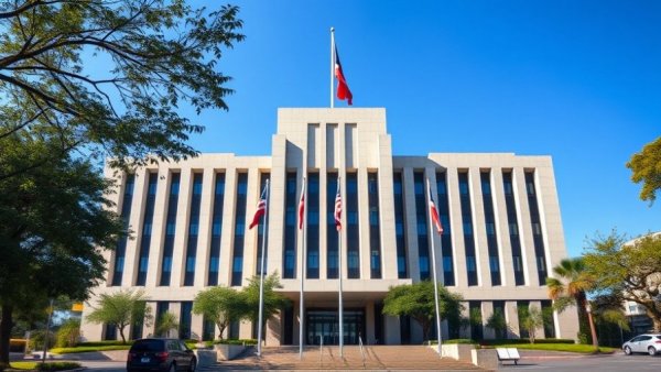 Texas government building with flags, clear sky