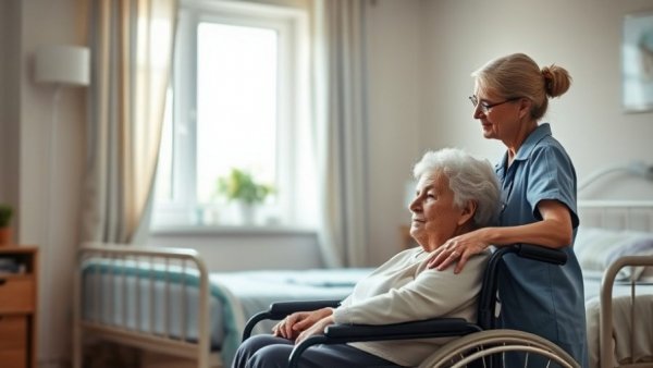 Caring nurse aids elderly woman in nursing home, defying genetic Alzheimer's risks.