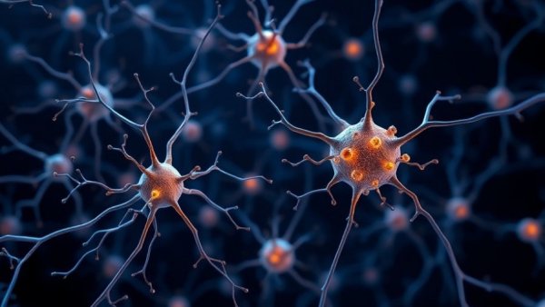 Illustration of neurons and amyloid plaques for Alzheimer's treatment efficacy.