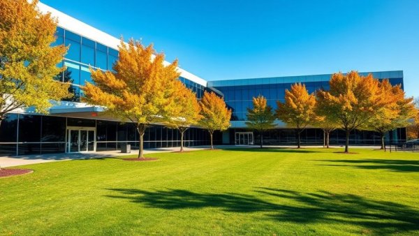 Modern building with green lawn and trees in Greenville tree service acquisition context.