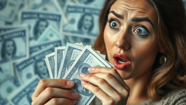 Surprised woman holding money with Social Security background in Muskegon.