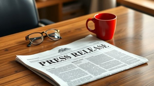 Press release newspaper on desk, red coffee cup and glasses, related to sod installation services in St. Johns County.