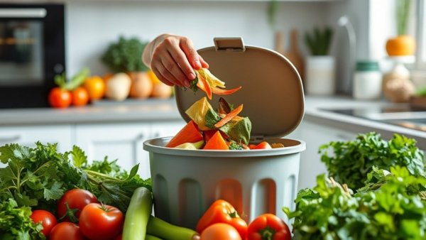 Indoor composting method with vegetable scraps in kitchen.