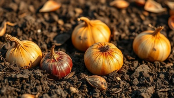 Close-up of garden bulbs ready for mulching with soil.
