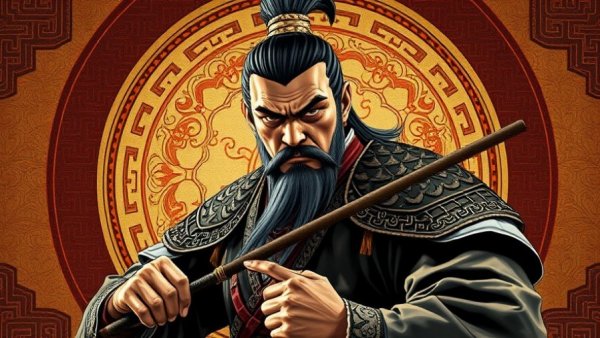 Historical warrior holding Kwan Dao in traditional art style.