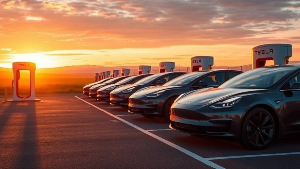 Maximize benefits Muskegon, Tesla cars charging at sunset.