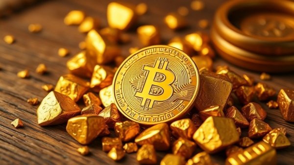 Golden Bitcoin and nuggets on wood symbolize Medicare economics profitability