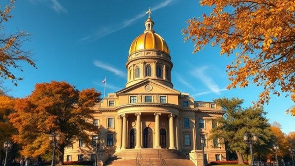 Colorado State Capitol building amidst autumn foliage, clear sky.