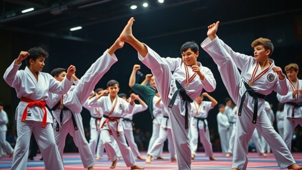Kudo champions from Kerala in martial arts poses and medal display.