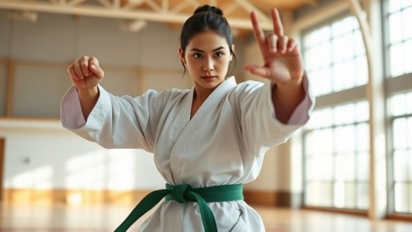 Focused Iranian woman practicing martial arts, empowered and skillful, in a bright sports hall.