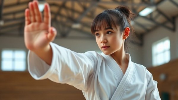 Iran girls karate empowerment, young girl practicing martial arts indoors.