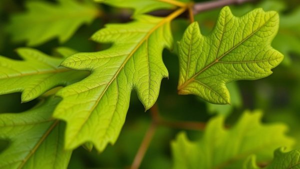 Green oak leaves showing chlorosis indicating need for iron fertilizer in Shelby MI.