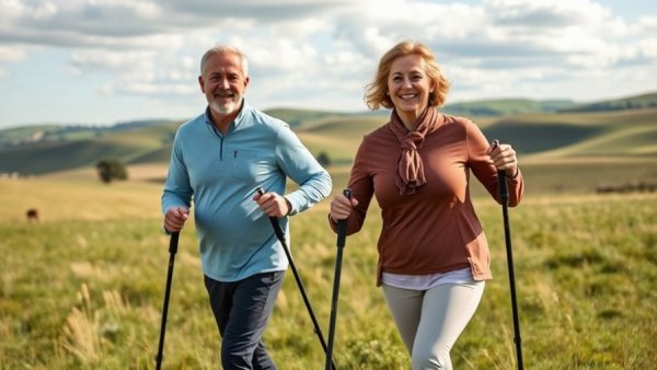 Nordic walking benefits for active middle-aged couple in nature