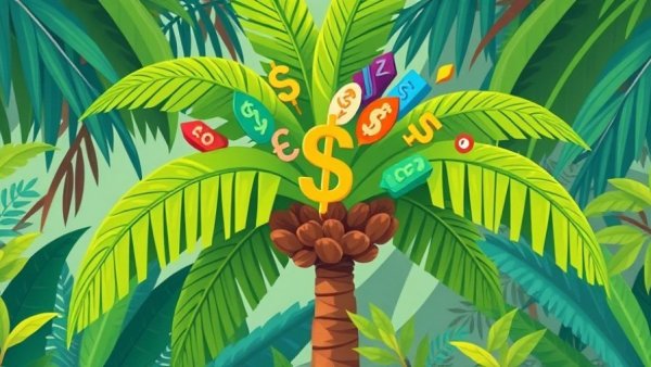 Conceptual illustration of financial risks with palm tree and graphs.