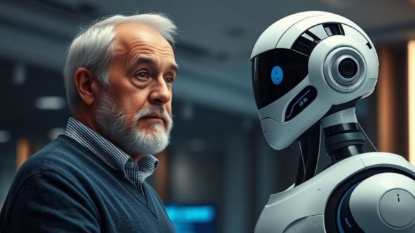 Elderly man interacting with healthcare robot, showcasing AI in healthcare.