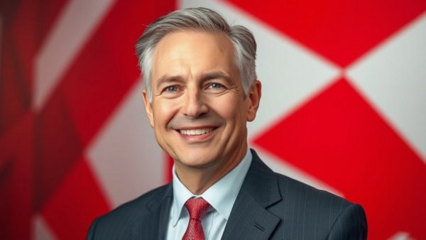 Smiling man in suit with geometric background design.