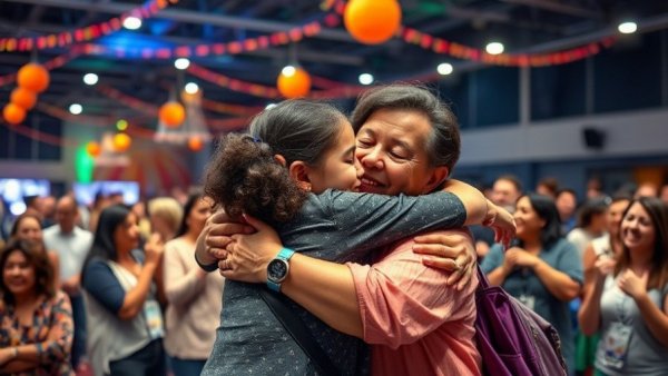 Emotional scene at We Care Tree Auction with young girl hugging woman.
