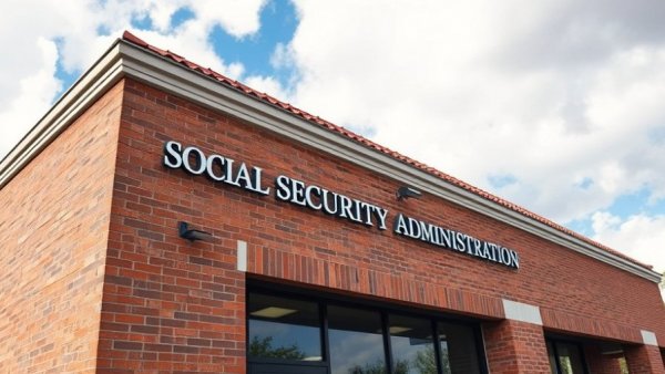 Social Security Administration building exterior with brick facade under cloudy sky.