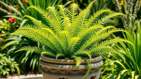 Lush foxtail ferns in a pot surrounded by greenery.