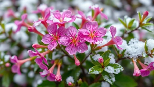 Vibrant winter-surviving flowers dusted with snow.