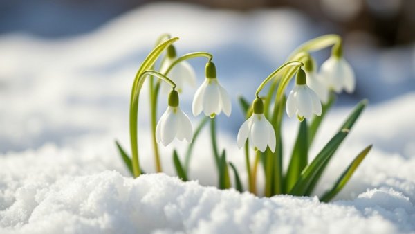 Delicate snowdrops blooming in winter snow.