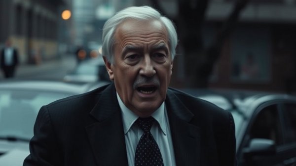 Older man discussing healthcare cost plans, cinematic night scene, backlit setting.