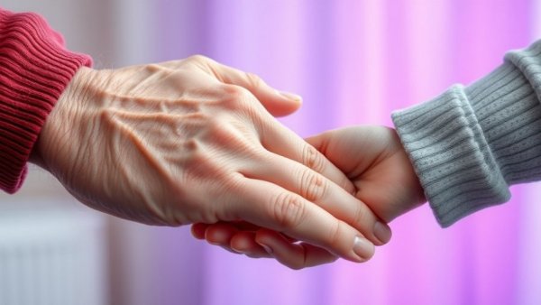 Intergenerational support during senior wellness checks, hand-holding.