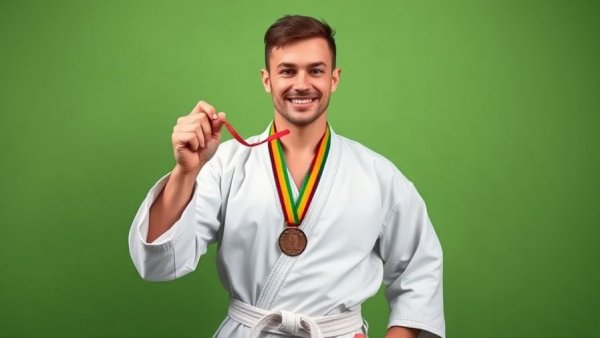 Karate athlete with medal selected for karate tournament, green background.