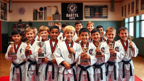 Martial arts students in Gurnee celebrate with trophies in dojo.