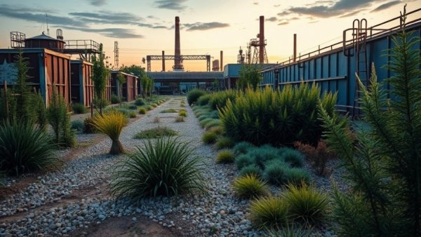 Eco-friendly yard services Muskegon showcasing sustainable landscape design in an industrial area.