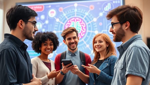 Diverse group discussing AI in healthcare with digital board background.