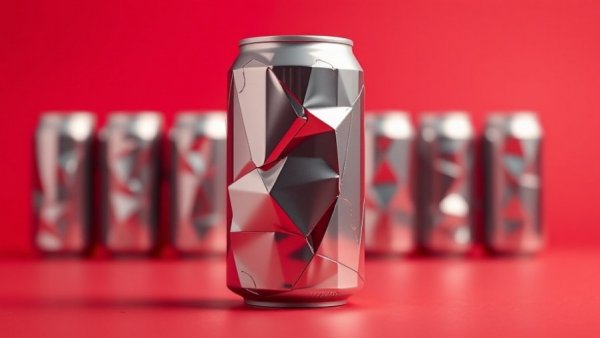 Crushed Diet Coke can on red background, minimalist style.