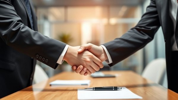 Business meeting handshake in blurred focus, professional setting.