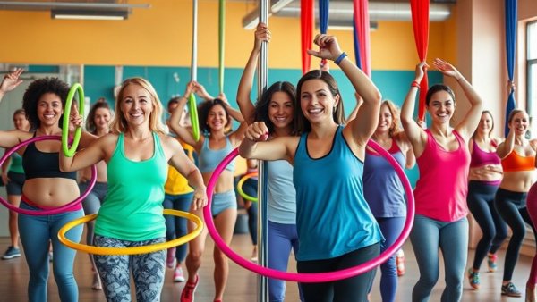 Group enjoying quirky workouts like aerial silks and pole dancing.