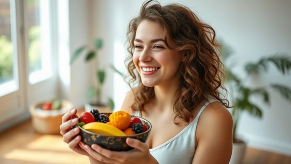 Healthy eating and longevity diet benefits with fruit bowl, bright home setting.