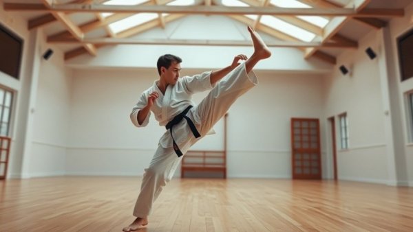 Karate student mastering self-training techniques in a bright dojo.