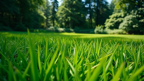 Lush green grass lawn demonstrating test grass seed viability in a forest setting.
