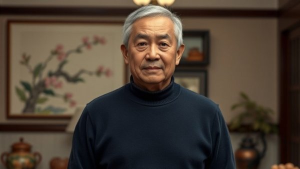 Middle-aged man in a traditional Asian interior setting, calm demeanor.