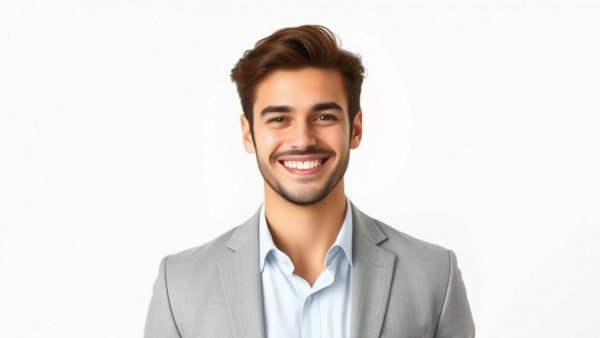 Professional portrait of a young man in a gray suit, suited for tech-powered dining in senior living.