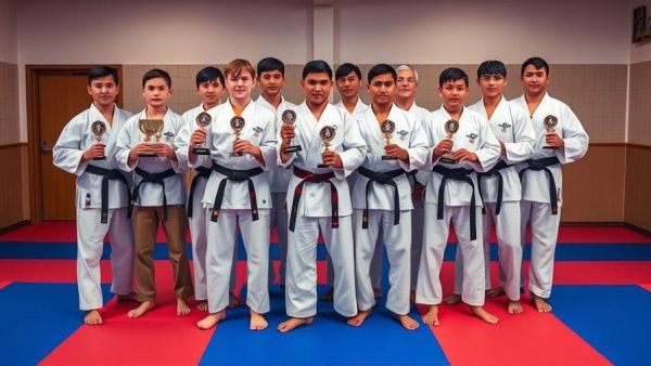 Karate students Gurnee proudly displaying trophies in dojo.