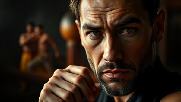 Close-up of determined man and martial artist; moody, dramatic lighting.