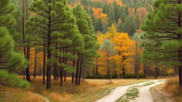 The Beauty of Biodiversity: Serene forest path with diverse trees in fall.