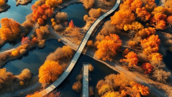 Aerial view of ASLA 2025 award-winning design in vibrant autumnal landscape with walkways.