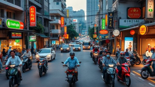 Busy Vietnamese street bustling with motorcycles and cars, vibrant lights.