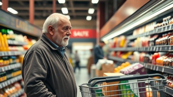 Older man at grocery checkout discussing SNAP eligibility changes for seniors.